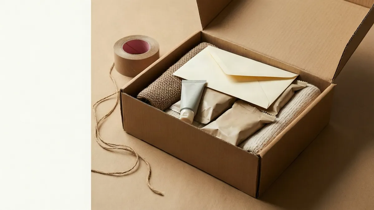 An open cardboard shipping box packed with sealed plain snack pouches, a small white tube, folded knitted items and a cream envelope on top, beside a roll of paper tape and a length of twine